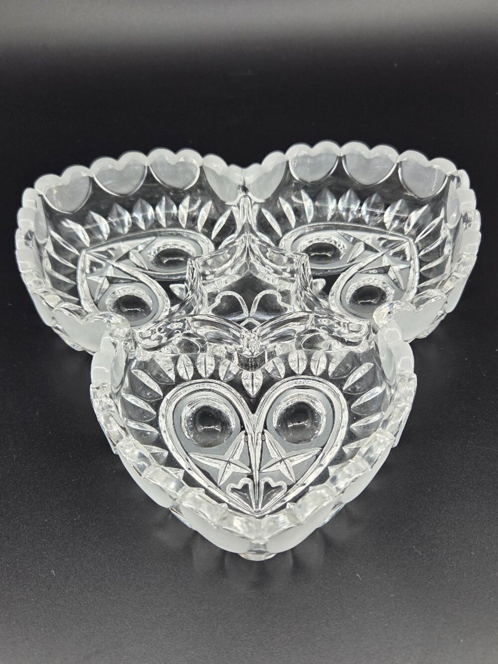 Vintage Hofbauer Crystal Triple Heart 3 Section Divided Candy Dish West Germany